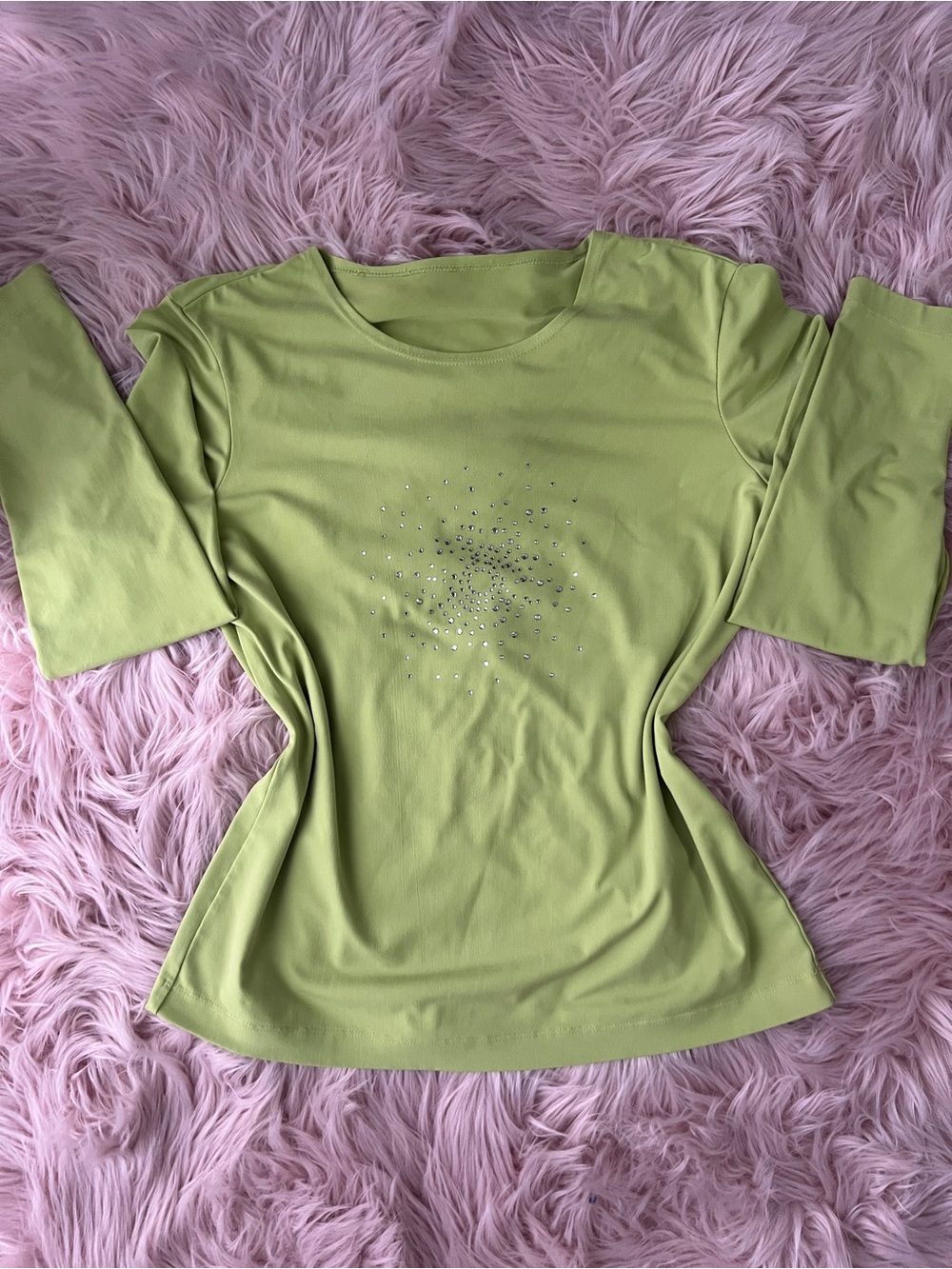 Vintage Lime Green Long Sleeve Top with Center Rhinestone Burst Fairy